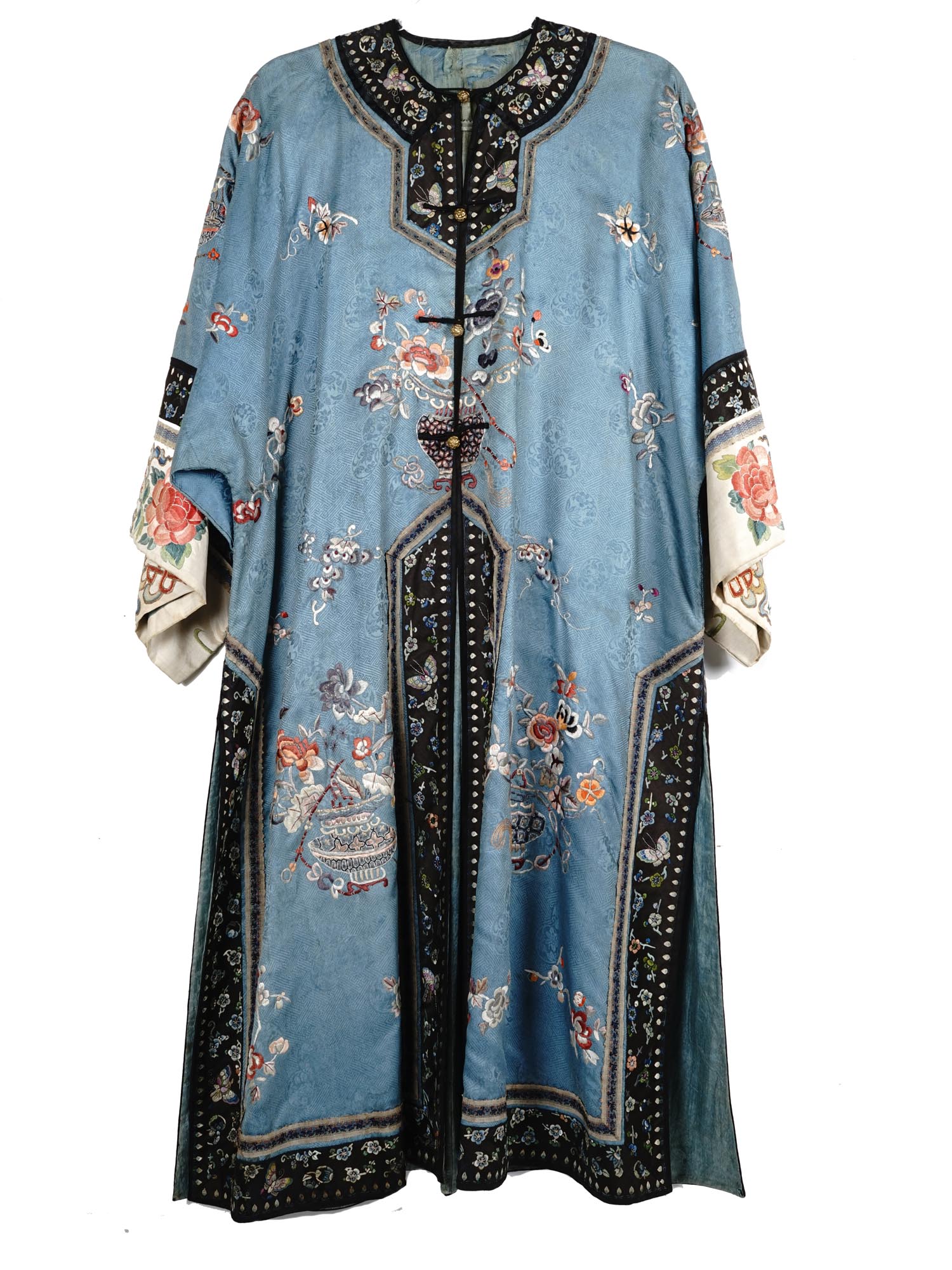 ANTIQUE CHINESE LONG BLUE SILK EMBROIDERED ROBE PIC-0